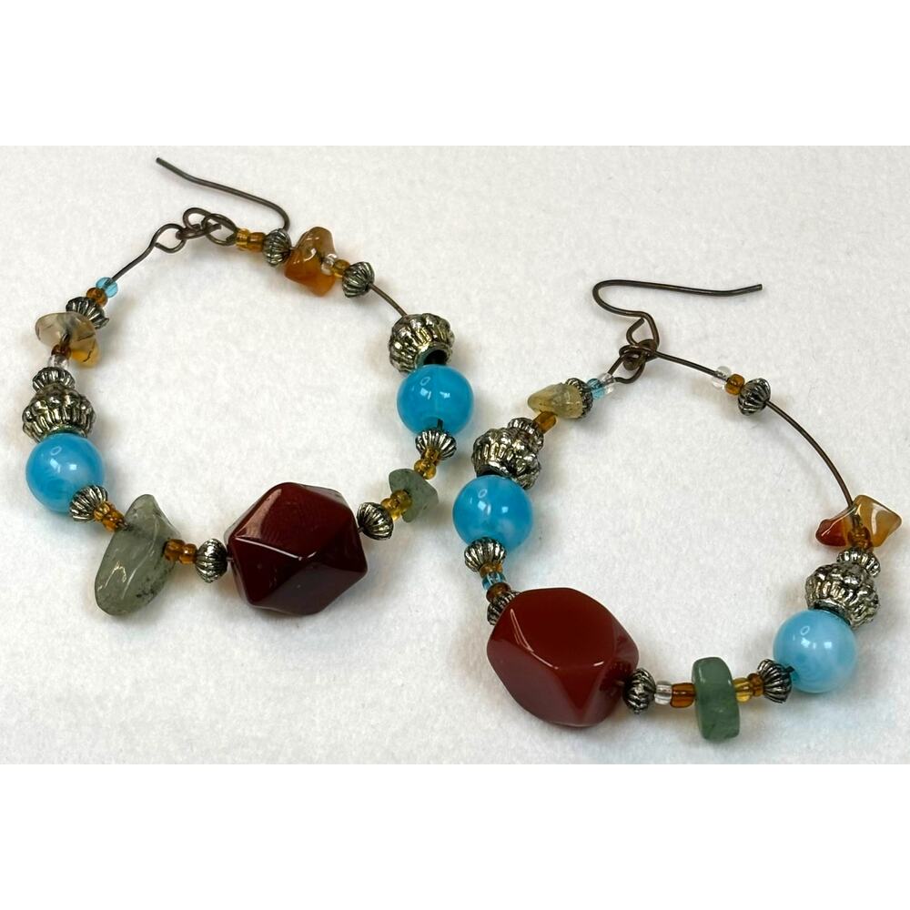 Beaded Hoop Earrings 1.75" Gold Tone Turquoise Red Stone Boho Loop Dangle